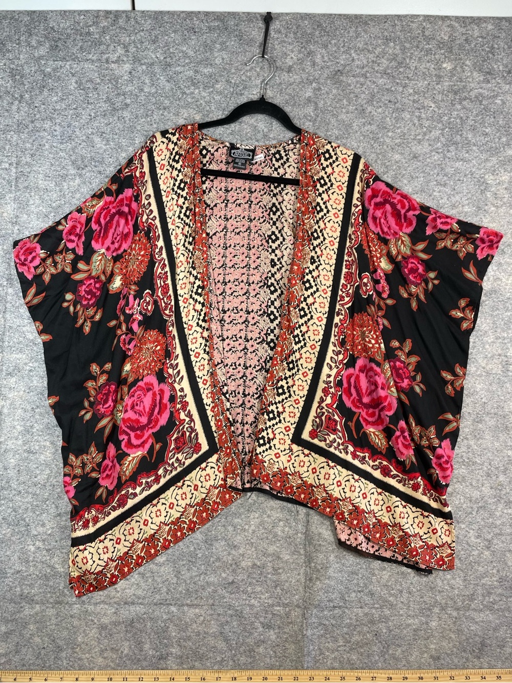Angie Floral Boho Kimono Cardigan Black Pink Festival Resort Layering Size M - Picture 2 of 14